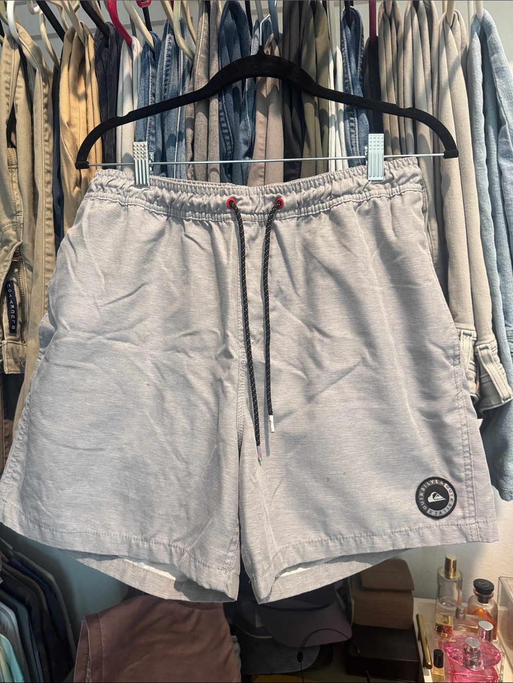 Quiksilver Light Gray Elastic Waist Swim Shorts with Contrast Drawcord 6”